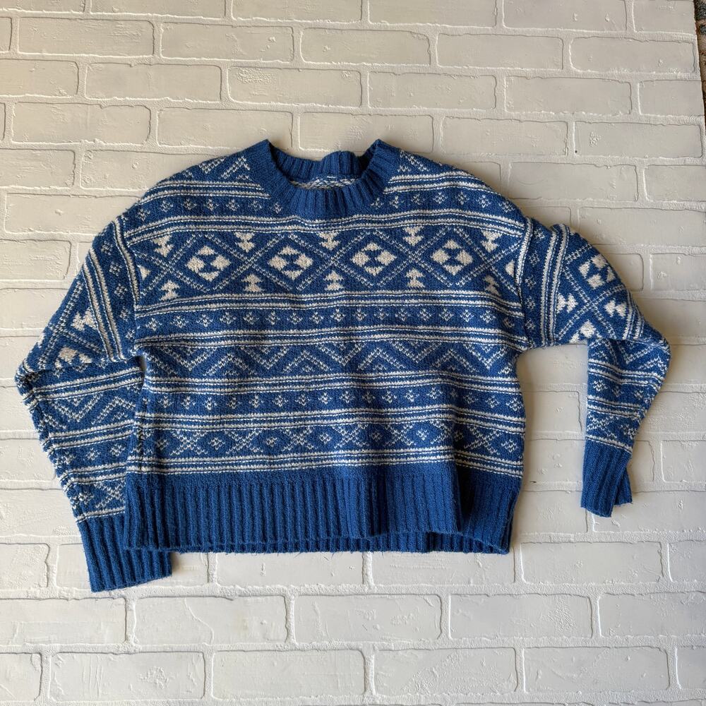 American Eagle Fairisle Snowdrift Blue White Crew Neck Soft Sweater sz M - Picture 2 of 6